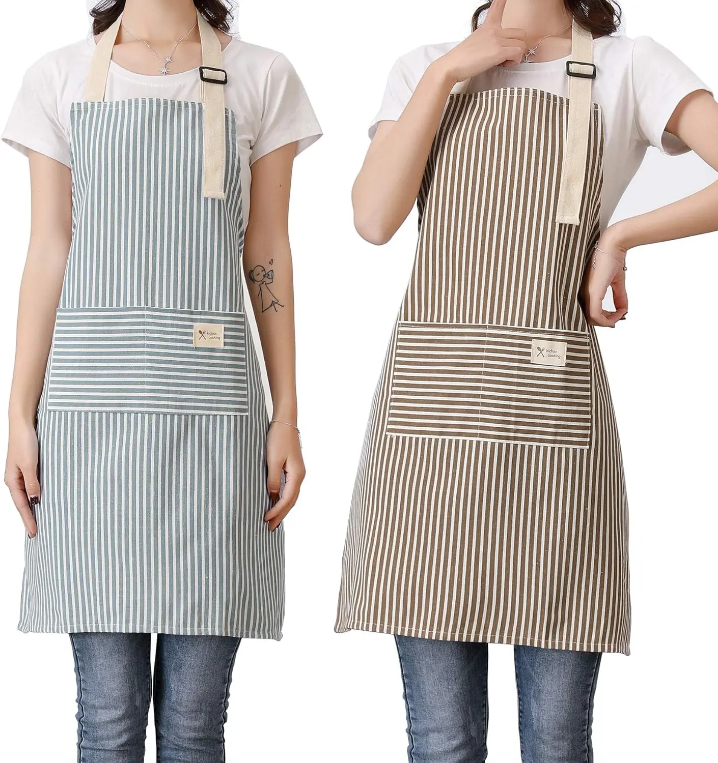 Novo design personalizado algodão linho cozinha servidor avental bib cozinhar impresso personalizado bordado logotipo chef listrado avental