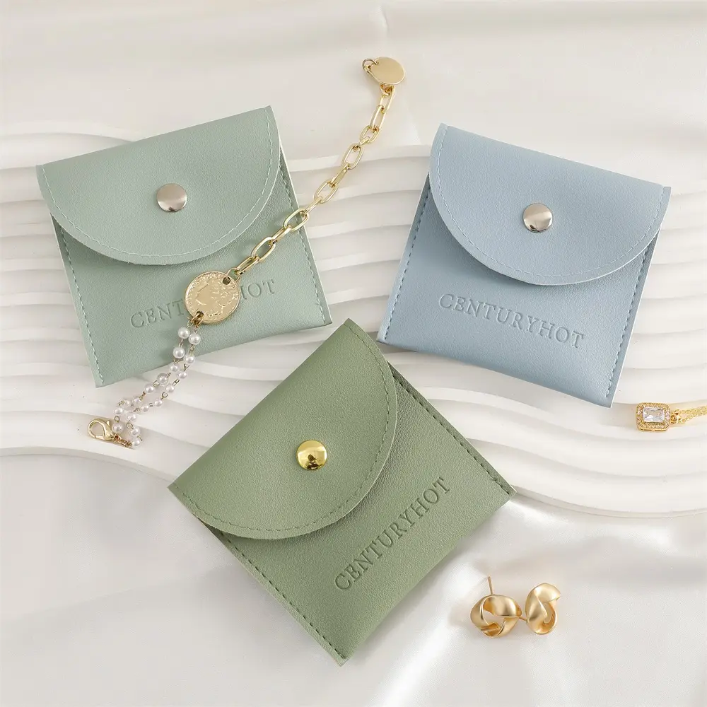 Großhandel Green PU Leder Schmuck beutel Tasche mit Knopf Schmuck PU Ledertaschen Armband Ring beutel mit Logo gedruckt