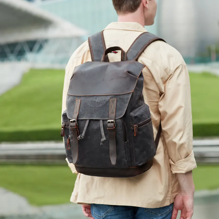Nerlion 공장 가격 블랙 무거운 가죽 두꺼운 방수 오일 왁스 캔버스 배낭 가방 인과 학교 대학 노트북 배낭