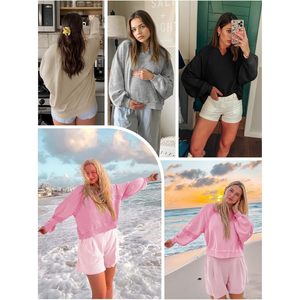 Sweat-shirt oversize pour femme, col en V, manches lanternes en dentelle, coupe courte et ample, pull d'automne noir - Product Image 5