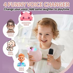 Cadeau <span class=keywords><strong>d</strong></span>'<span class=keywords><strong>anniversaire</strong></span> Machine de karaoké Portable voix changeante 2 microphones sans fil haut-parleur karaoké rond avec conception de lumière - Product Image 5
