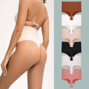 Culotte string de yoga pour <span class=keywords><strong>femme</strong></span> grande taille, taille haute, en coton noir uni, respirante, brodée, avec détection par aiguille, pour usage quotidien - Product Image 1