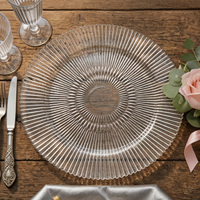 Assiettes de présentation en verre transparent en gros du fabricant, 13 pouces, réutilisables, motif soleil éclatant, pour la décoration de mariages