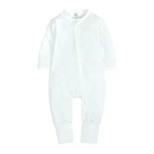 Macacão de algodão orgânico para bebês, roupas com zíper branco liso para macacão de crianças pequenas, macacão para bebês
