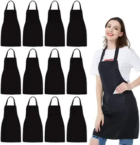 12 Pack Bib Unisex Black Apron Bulk with 2 Roomy Pockets Washable for Kitchen Crafting BBQ Drawing