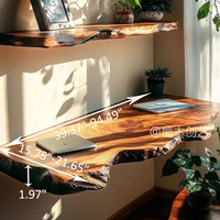 Bureau flottant en bois massif de style rustique moderne |   Bureau d'ordinateur mural multifonctionnel artistique à bord naturel avec étagère pour bureau et étudiant