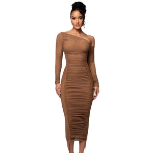 Europa e America 2026 Primavera/Autunno Nuovo Abito Midi da Donna a <span class=keywords><strong>Maniche</strong></span> <span class=keywords><strong>Lunghe</strong></span> con Inserti in Rete, <span class=keywords><strong>Spalle</strong></span> <span class=keywords><strong>Scoperte</strong></span> e Pieghe - Product Image 4