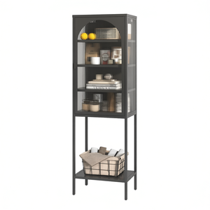 Mobiletto a 5 Ripiani in Metallo con Porte in Vetro Nero Moderno per Soggiorno Cucina Espositore per Arredamento Casa - Product Image 1
