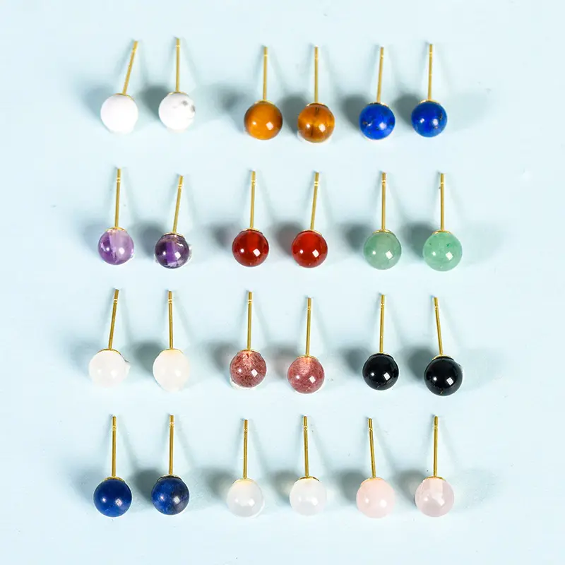 Bohemian Handmade Natural Stone Beaded Stud Earrings Multicolor Round Stone Beads Healing Crystal Earrings for Women Girls