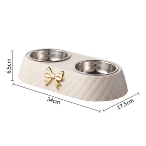 Bol double pour animaux de compagnie en acier inoxydable avec nœud papillon - Luxe antidérapant en gros - Product Image 1