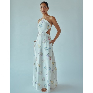 ENYA – robe longue en coton et lin, col licou, longue jupe, respirante, naturelle, dos ouvert, sangle, cravate, détente, vacances, été 100% - Product Image 4