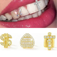 Bestseller transfrontalier : Ensemble de trois pièces de protège-dents hip-hop en cuivre incrusté de zircon, avec motifs croix, dollar et cœur