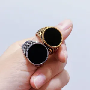 Mens 18k Gold Jewelry Black Stone Ring Stainless Steel Men Waterproof Gothic Rings Fashion Natural Agate Stone Ring For Gift