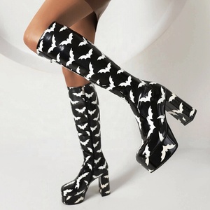 Bright Patent High Block Heel Shoes Women Prints Long Booties Square Toe Platform Knee-High Booties - Product Image 1
