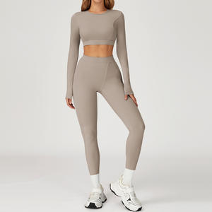 Setelan Olahraga Yoga Pilates 2 Potong Atasan Crop Lengan Panjang dan Legging Pinggang Tinggi Bahan Elastis Tinggi untuk Fitness - Product Image 6
