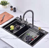 Nano 304 Acier Inoxydable Noir Tasse Rondelle Grand Évier Unique Ménage Multifonctionnel Étagé Anti-Rayures Éviers De Cuisine