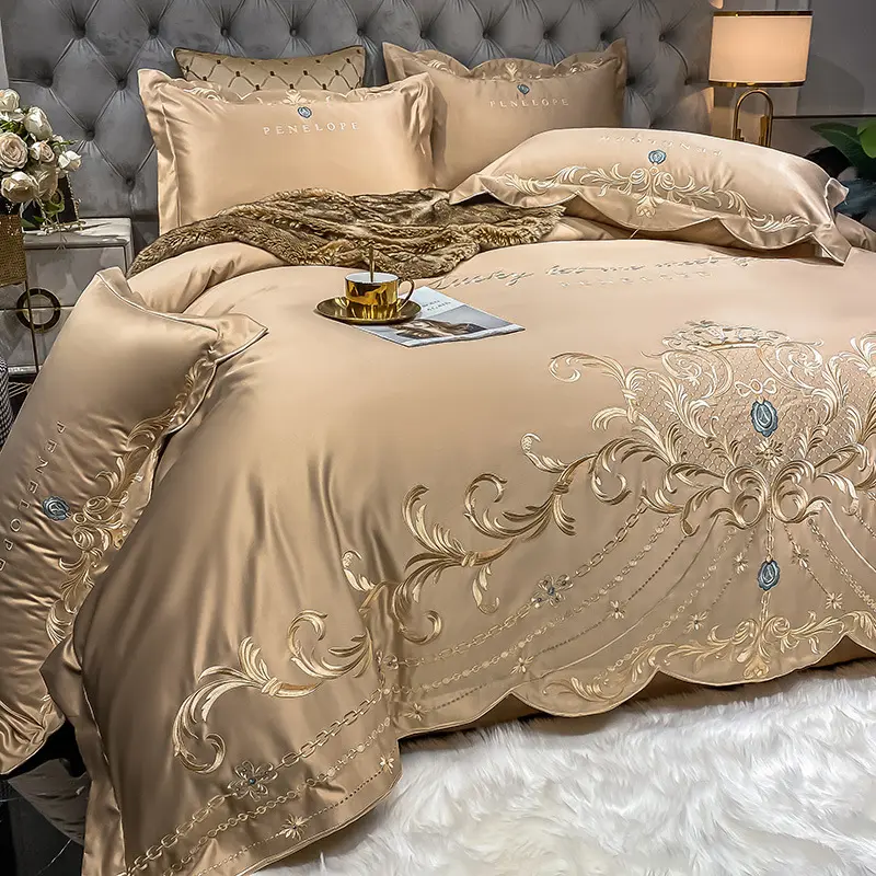 Hochwertiges besticktes Satin Tencel im europäischen Stil Vierteiliges Set Bettlaken aus reiner Baumwolle Bett bezug Hochzeits bettwäsche