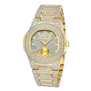 PINTIME Rose Gold Armbanduhren Herren Luxus Quarz Hip Hop Herren Iced Out Uhr Luxus Top Marke Full Diamond Iced Out Armbanduhr