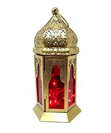 Design Padrão Tamanho Grande Metal Lanterna Marroquina Handmade Gold Color Red Glass Wedding Pendurado Lanterna Na Índia