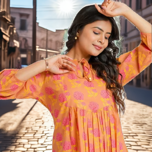 Orange Printed Cotton <b>Kurti</b> Women Loose Fit Midi Length Casual Summer Wear Front Pleated Detailing India Pakistan Style - Product Image 2
