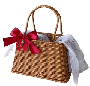 Hot Selling Durable Quality Plastic Wicker Rattan Flower Woven Basket with Handle Wedding Flower Girl Baskets Set