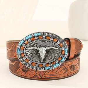 <span class=keywords><strong>Ceinture</strong></span> en cuir PU style Cowboy Punk Vintage Rétro Western Denim avec <span class=keywords><strong>grande</strong></span> plaque sculptée et boucle en alliage, largeur 3,8 cm, longueur 120 cm - Vente Flash - Product Image 1