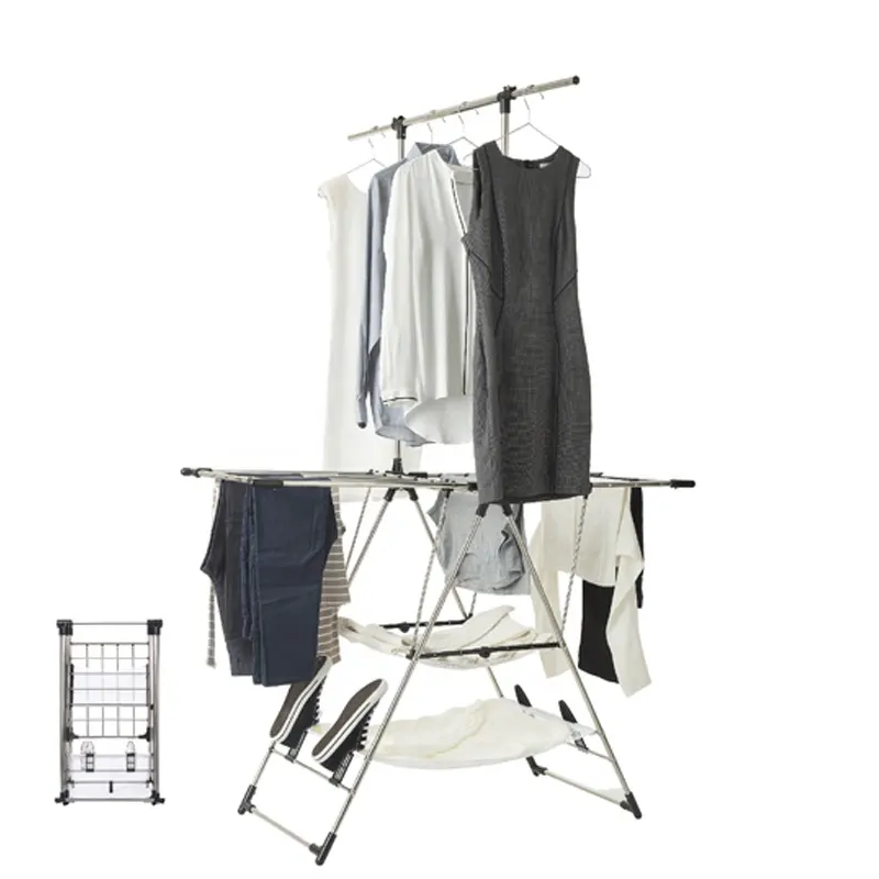 heavy duty laundry rack with hanging rods shoes rack adjustable gullwing space-saving clothes dryer rack