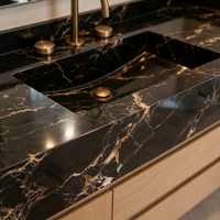 Comptoir de lavabo double en marbre noir et or de luxe, moderne, poli, écologique, étanche, pour salle de bain, villa, hôtel