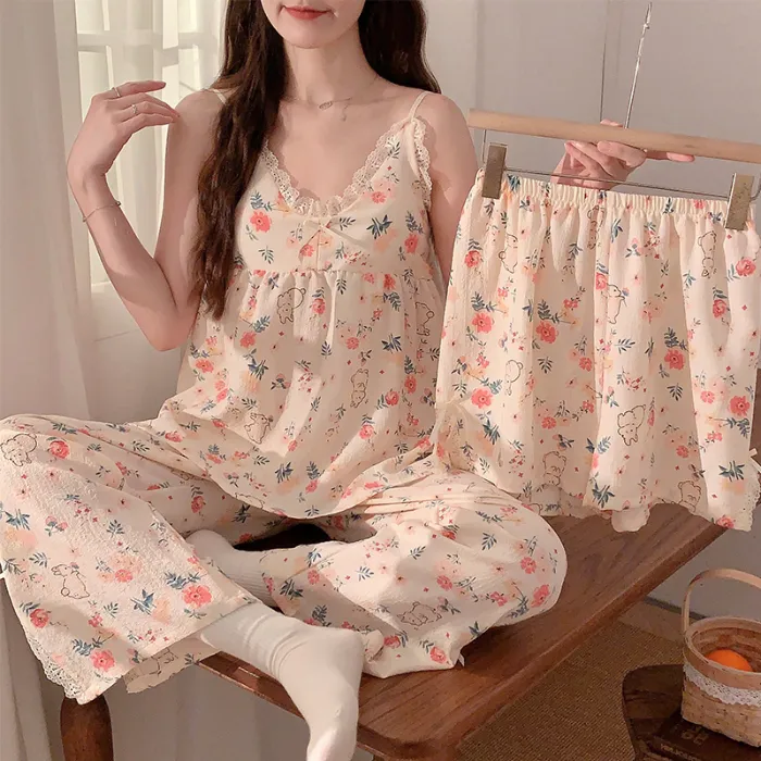 2024 New Ngọt Ngào Đồ Ngủ Dây Đeo Áo Ngủ 3 Iini 1 Piyama Cotton Pj Set Pijamas Mujer Đêm Phù Hợp Với 3 Mảnh Phụ Nữ Phụ Nữ Của Đồ Ngủ