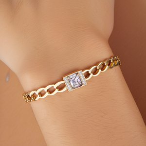 Pulsera de cristal de acero inoxidable 316L chapada en oro PVD con diseño de eslabón central de cristal cuadrado para mujer, joyería de moda. - Product Image 3