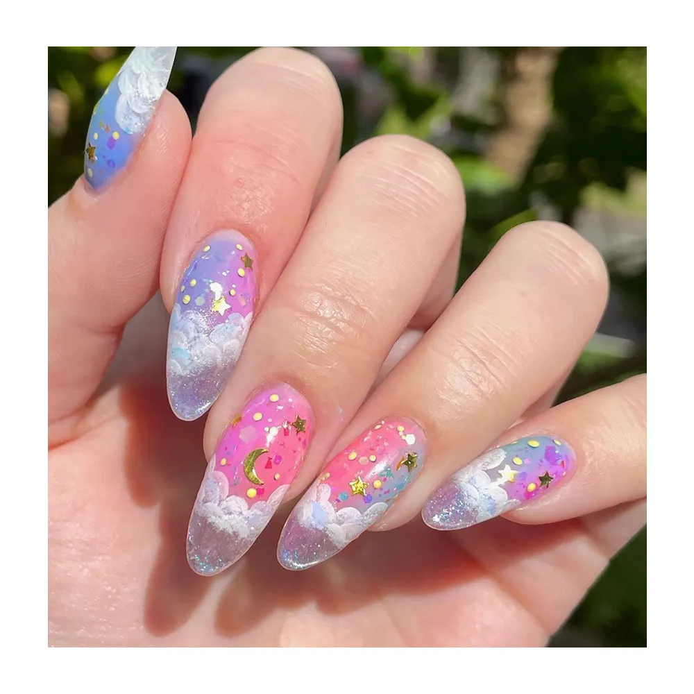 Cartoon Press On Nail Glitter Salon Handmade Star Moon Cloud Gradient Pink Purple Waterproof Durable Faux Ongles False Nail