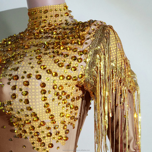 Traje de Baile Glamuroso para Drag Queen, Sexy, con Flecos de Pedrería Dorada, Cuello Alto, Estilo Nupcial, Uniforme para Grupo de Baile, Ropa de Escenario, Personalizado - Product Image 5
