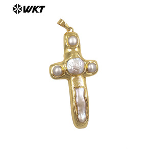 WT-JP446 keluaran baru gaya religius liontin salib mutiara air tawar alami berlapis emas 18K untuk pembuatan kalung mode wanita - Product Image 4