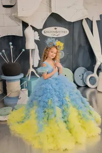 शादी के बच्चों के लिए ओम्ब्रे नीले और पीले फूल की लड़की के कपड़े - Product Image 3