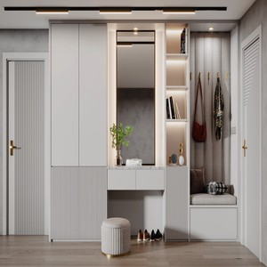 Modern Cream Entryway Shoe Cabinet with LED Light, <strong>Hallway</strong> <strong>Storage</strong> Cupboard with Coat Rack and <strong>Bench</strong> - Product Image 6