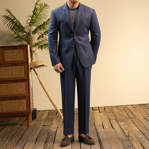 Completo da <span class=keywords><strong>Uomo</strong></span> 2 Pezzi di Alta Qualità 100% Lino Semi-Foderato Casual con <span class=keywords><strong>Blazer</strong></span> Monopetto a Due Bottoni e Risvolto a Notch e Pantaloni con Fibbia Laterale - Product Image 2