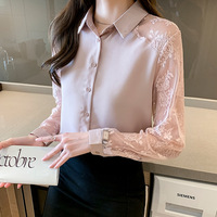 Chemise élégante à manches en dentelle de style occidental, hauts pour femmes, col rabattu vintage, chemisier en mousseline respirante pour femmes
