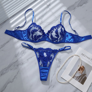 Wholesale Women's Blue Floral Embroidery Sheer Mesh Bra and Thong <b>Set</b> 2 Piece Lace Plus Size Lingerie <b>Set</b> <b>Sexy</b> Bra <b>Set</b> Intimates - Product Image 1