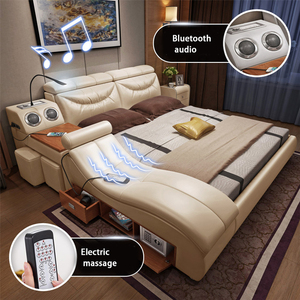 Lit Intelligent Multifonctionnel <span class=keywords><strong>de</strong></span> Luxe King-Size en Cuir avec Projecteur HD USB, Mobilier <span class=keywords><strong>de</strong></span> Chambre Neuf Incluant Rangement - Product Image 1