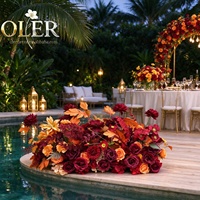 Chemin de table floral artificiel en soie, roses et dahlias bordeaux et orange, pour décoration de centre de table de mariage et de salle à manger