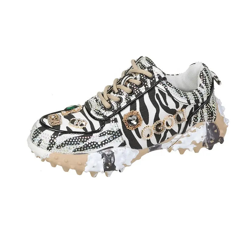 New design Handmade Diamond-bordered Glitter Leopard / Zebra print Internet celebrity fashion casual shoes for women's