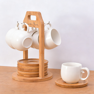 Set di Tazza da <span class=keywords><strong>Caffè</strong></span> in Ceramica Bianca JC con Piattino <span class=keywords><strong>e</strong></span> Vassoio in Legno, Tazza in Ceramica con Supporto in Legno Massiccio per Stoviglie - Product Image 5