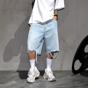 Shorts en <span class=keywords><strong>jean</strong></span> tendance pour <span class=keywords><strong>homme</strong></span>, coupe décontractée mi-longue, bords bruts, avec cordon de serrage, idéal pour le basketball et les activités de plein air - Product Image 1