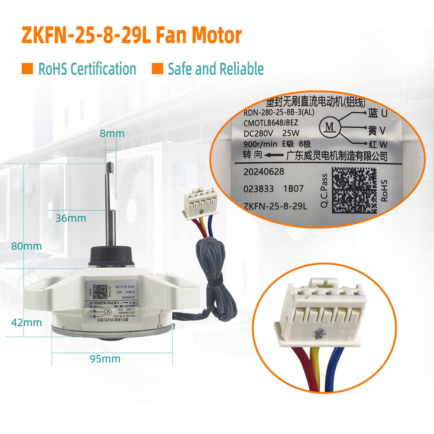 ZKFN-25-8-29L Indoor Fan Motor DC280V 900RPM 25W CCW ECL 8poles