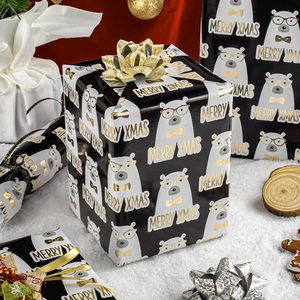 Christmas Wrapping Paper Holiday Wrapping Paper Gold Foil Wrapping Paper Black and gold <b>cute</b> cartoon teddy <b>bear</b> wrapping paper - Product Image 2