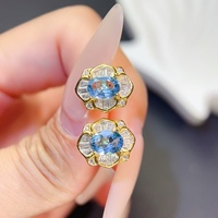 Großhandel Natürlicher London Blue Topas Blumendesign 925 Sterling Silber Hypoallergene Hochzeits-Ohrringe Feiner Schmuck