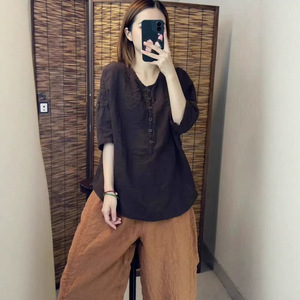 Cotton Linen Short Sleeve Shirt Women's Clothing Round Neck Loose Fit Solid Color Buttons Everyday Wear Ginger Yellow - Product Image 4
