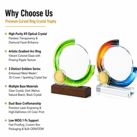 Trophée personnalisé en cristal, anneau dégradé rond, gravure, compétition, champion, anniversaire d'employé, vente en gros