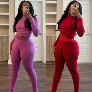 Özel kadın giyim uzun boylu kız dostu kış Loungerwear setleri pamuk nervürlü uzun kollu Legging seti kadın iki parçalı <span class=keywords><strong>Set</strong></span> - Product Image 2