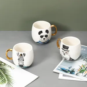 Tivray Custom Animal Cartoon Printed Under Glazed Ceramic Cup Owl Decal Design Golden Handle Ceramic Mug Animals Porcelain Cup